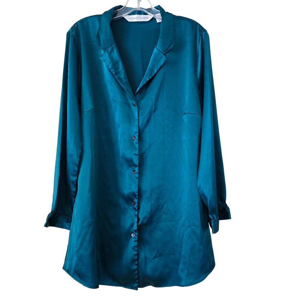 Victorias Secret Green Satin Button Down Sleep Shirt Nightgown Long Sleeve Large